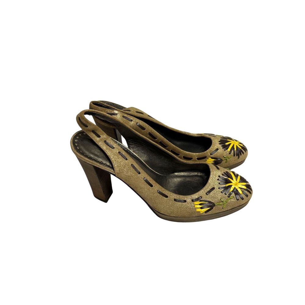 Isabella Fiore Leather Pump Heel Shoe Floral Embellishment Glitter Tan Women 8